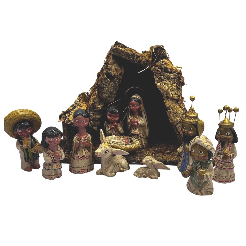 Vtg Mexican Folk Art Nativity Set 11 Piece Clay Figurines with Bark Stable